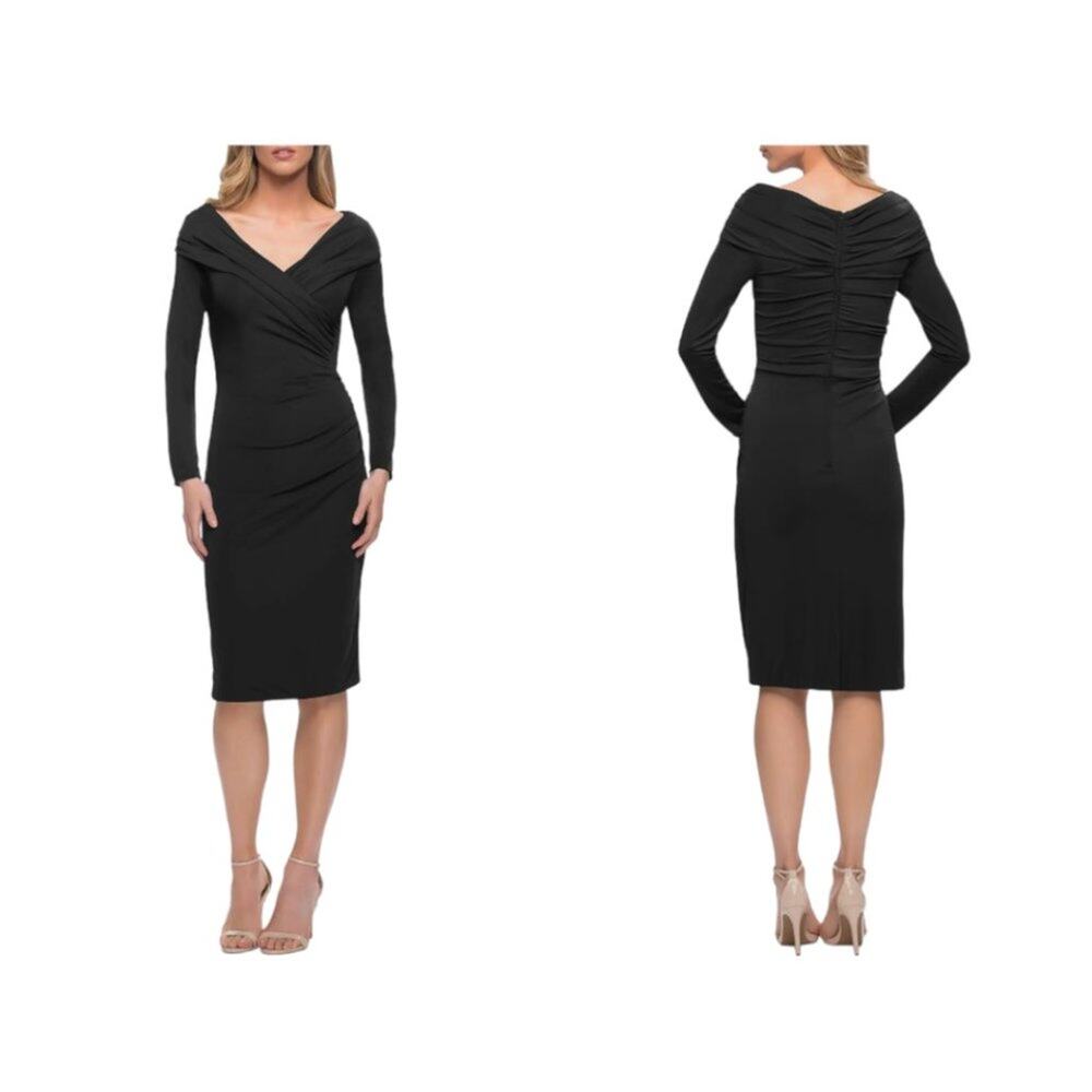 La Femme Black Long Sleeve Ruched Cocktail Dress Size 10 NWOT $325 MSRP